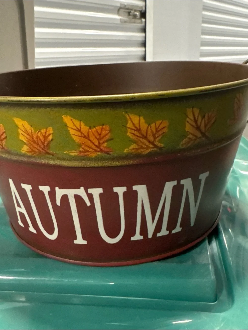 AUTUMN Metal Decorative Tub - Brown & Green Fall Accent